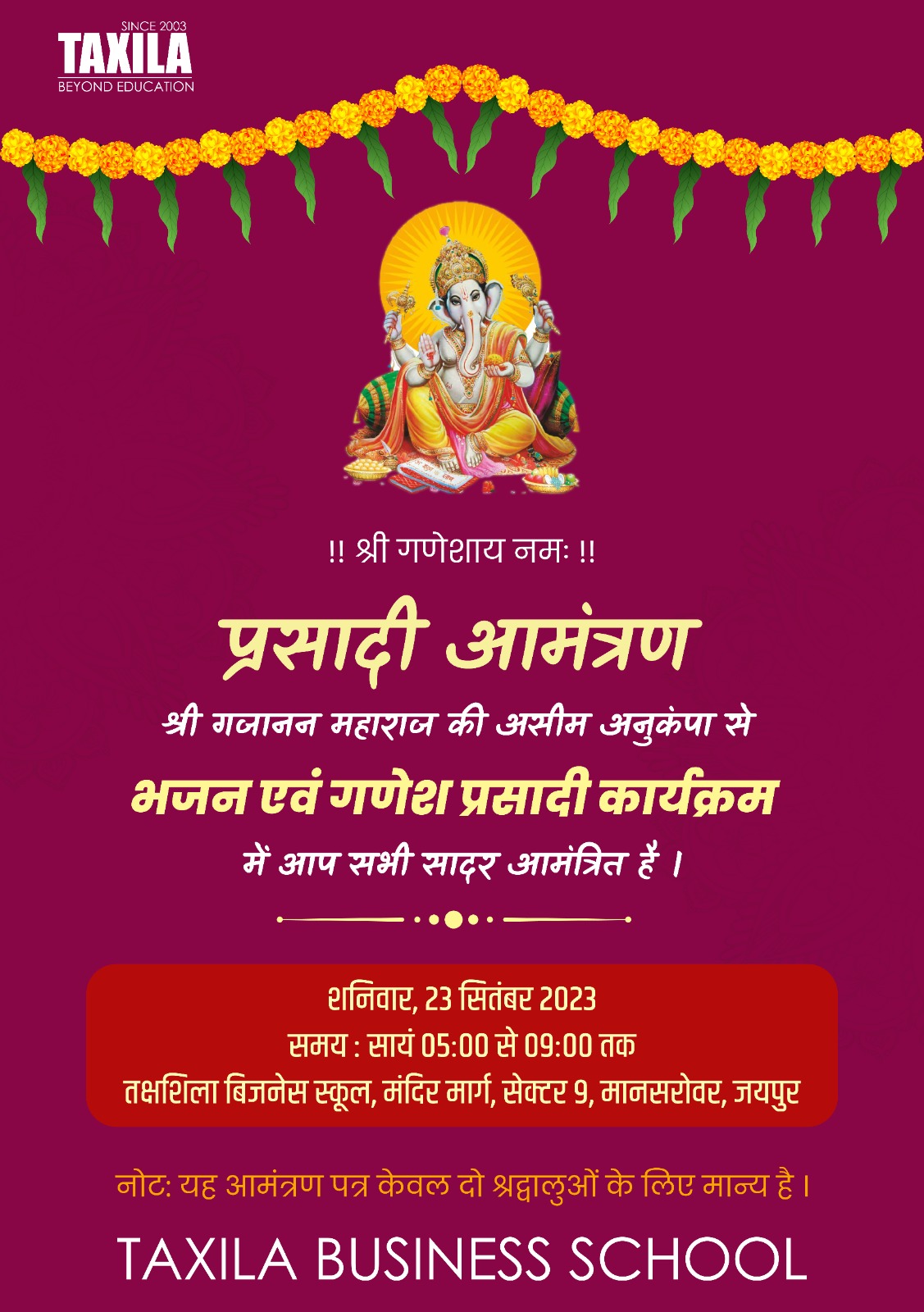 Lord Ganesha Bhajan and Prasadi Program