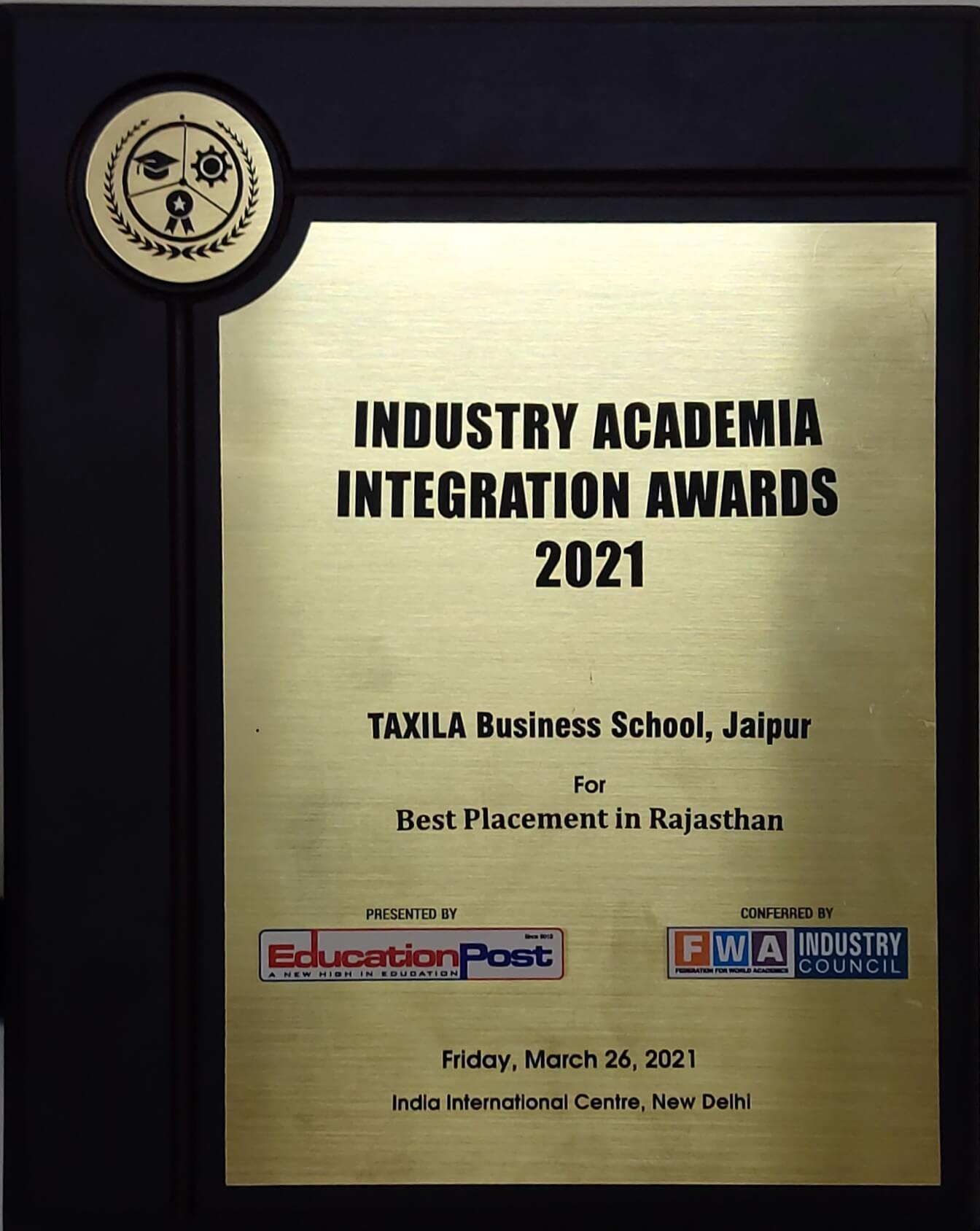 Taxila Business School Received Industry Academia Integration Award 2021 for Best Placement in Rajasthan